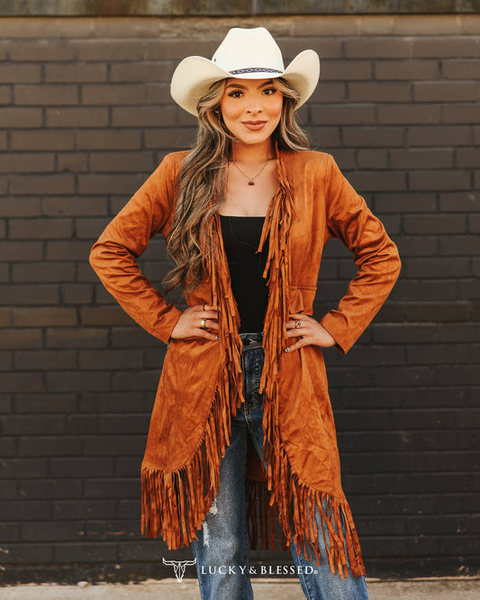 Camel Faux Suede Jacket Blazer With Fringed Hem