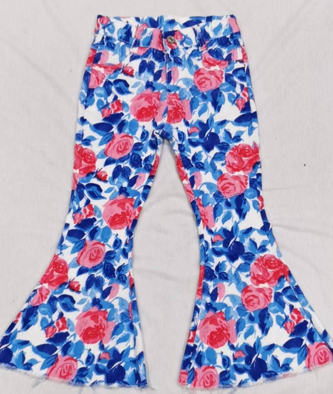 Girls Blue Leaves Pink Flowers Bell Flare Denim Pants