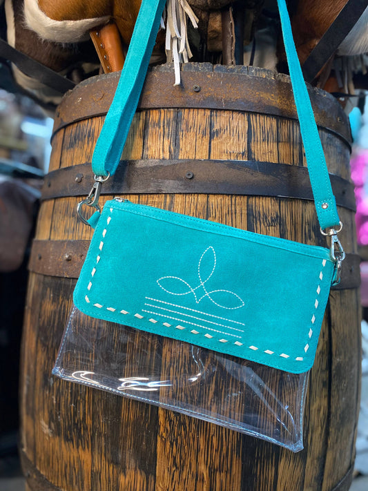 Western Linens - Clear Turquoise Suede Leather BootStitch Crossbody