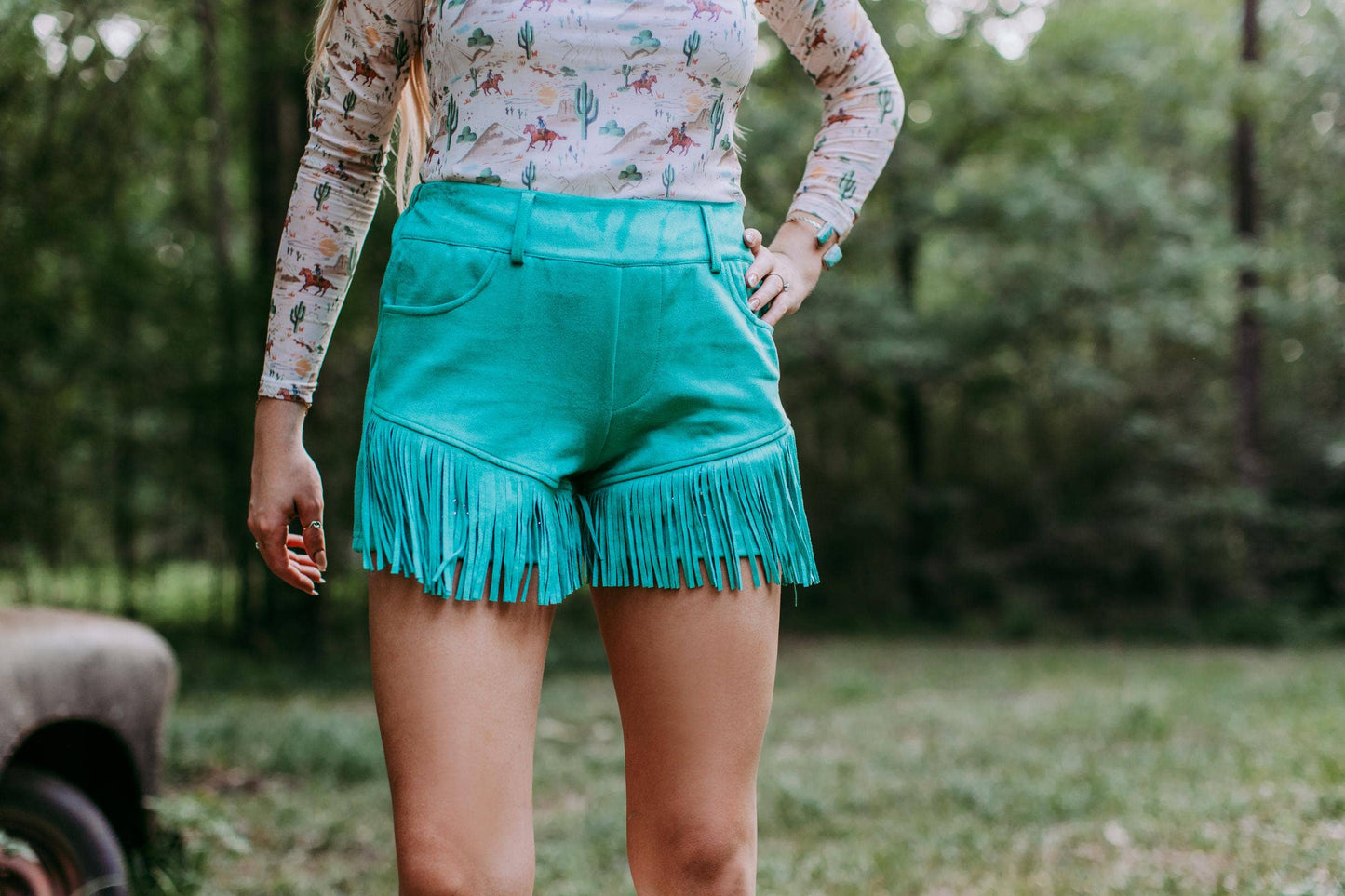 Dixie Rhinestone Embellished Fringe Shorts - Turquoise