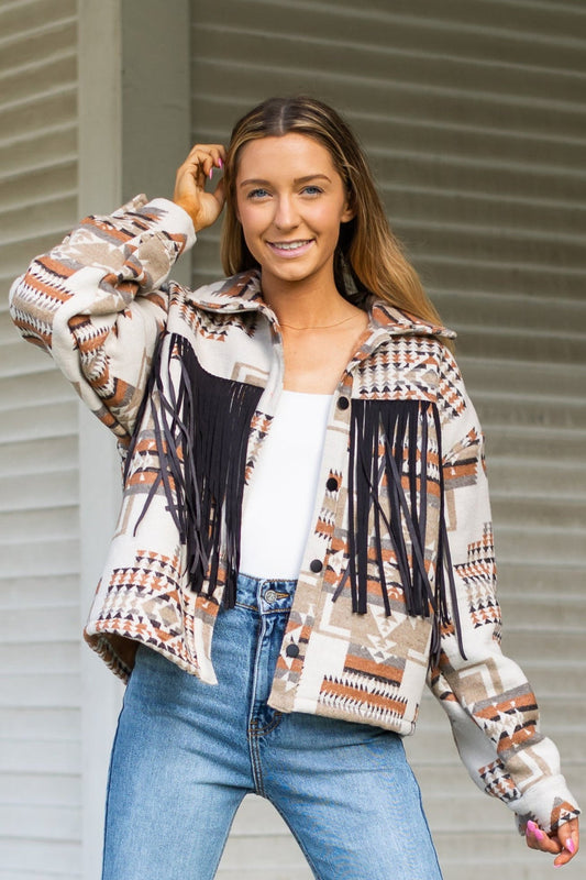 Southern Grace Boho Breeze Aztec Jacket with Fringe