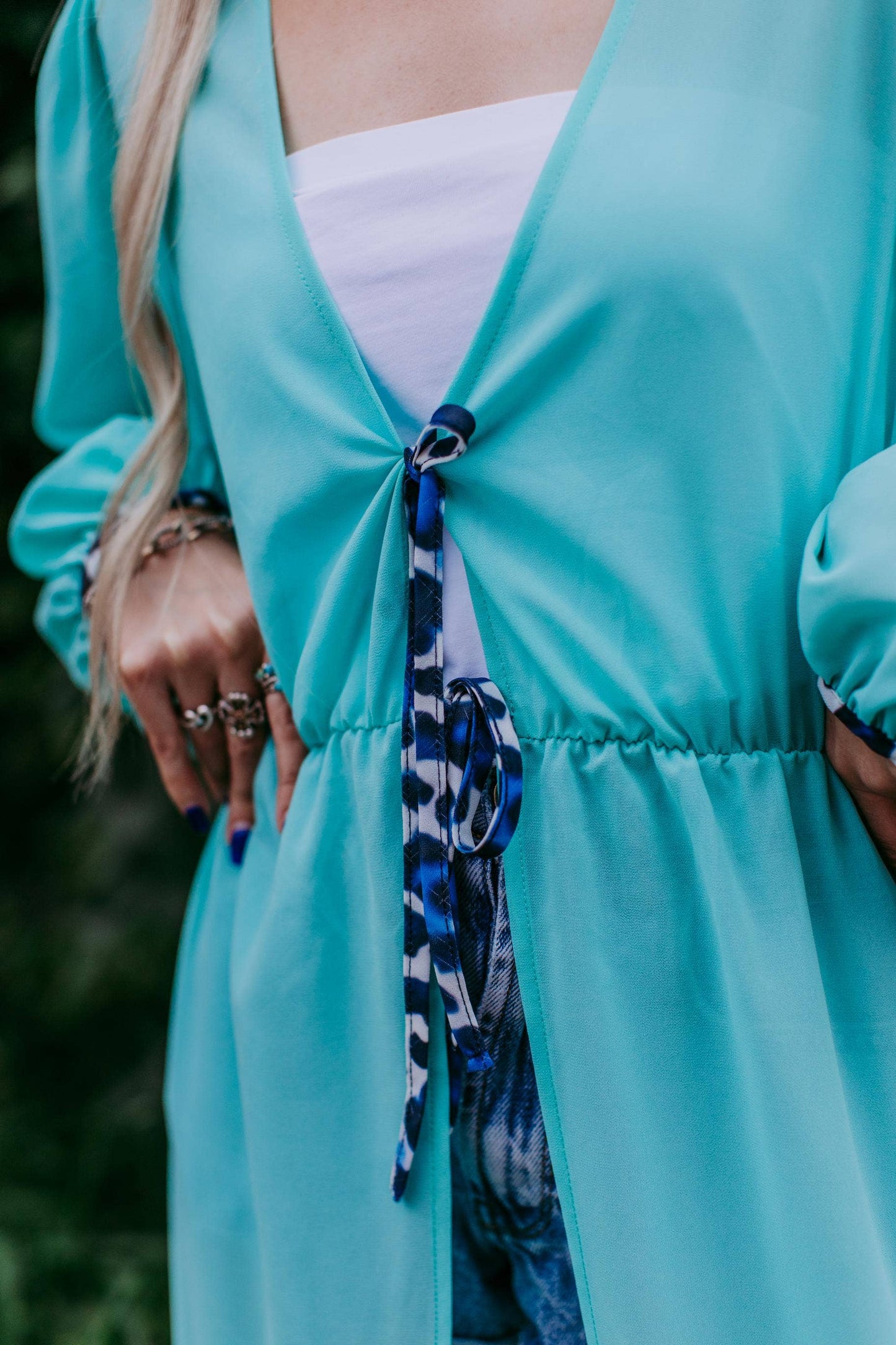 Western Turquoise Chiffon Duster with Leopard Print Ruffle Hem