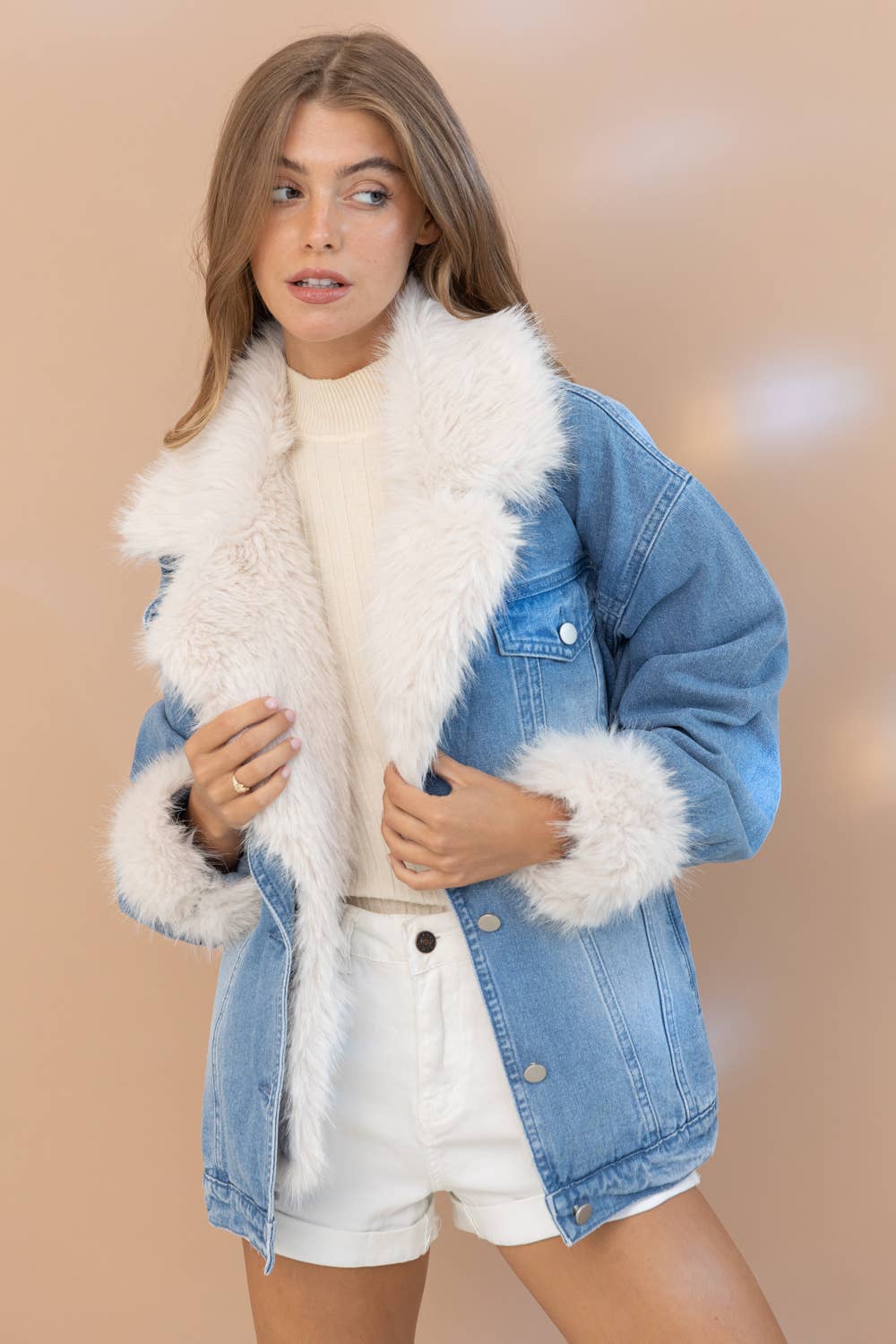Fur Collard Cuff Over sized Washed Denim Jacket.