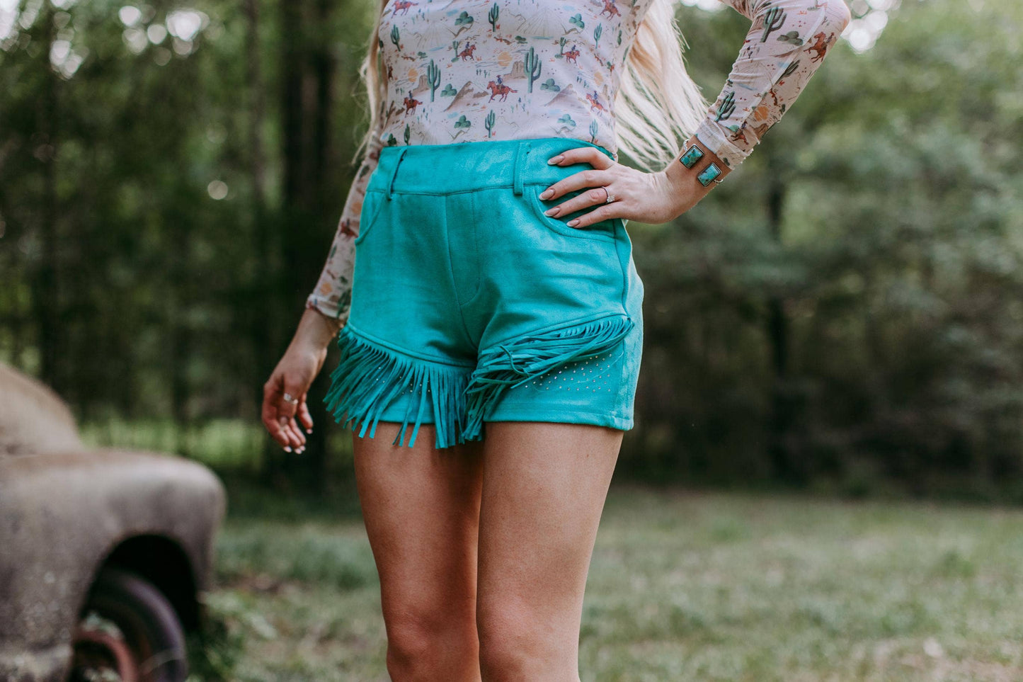 Dixie Rhinestone Embellished Fringe Shorts - Turquoise