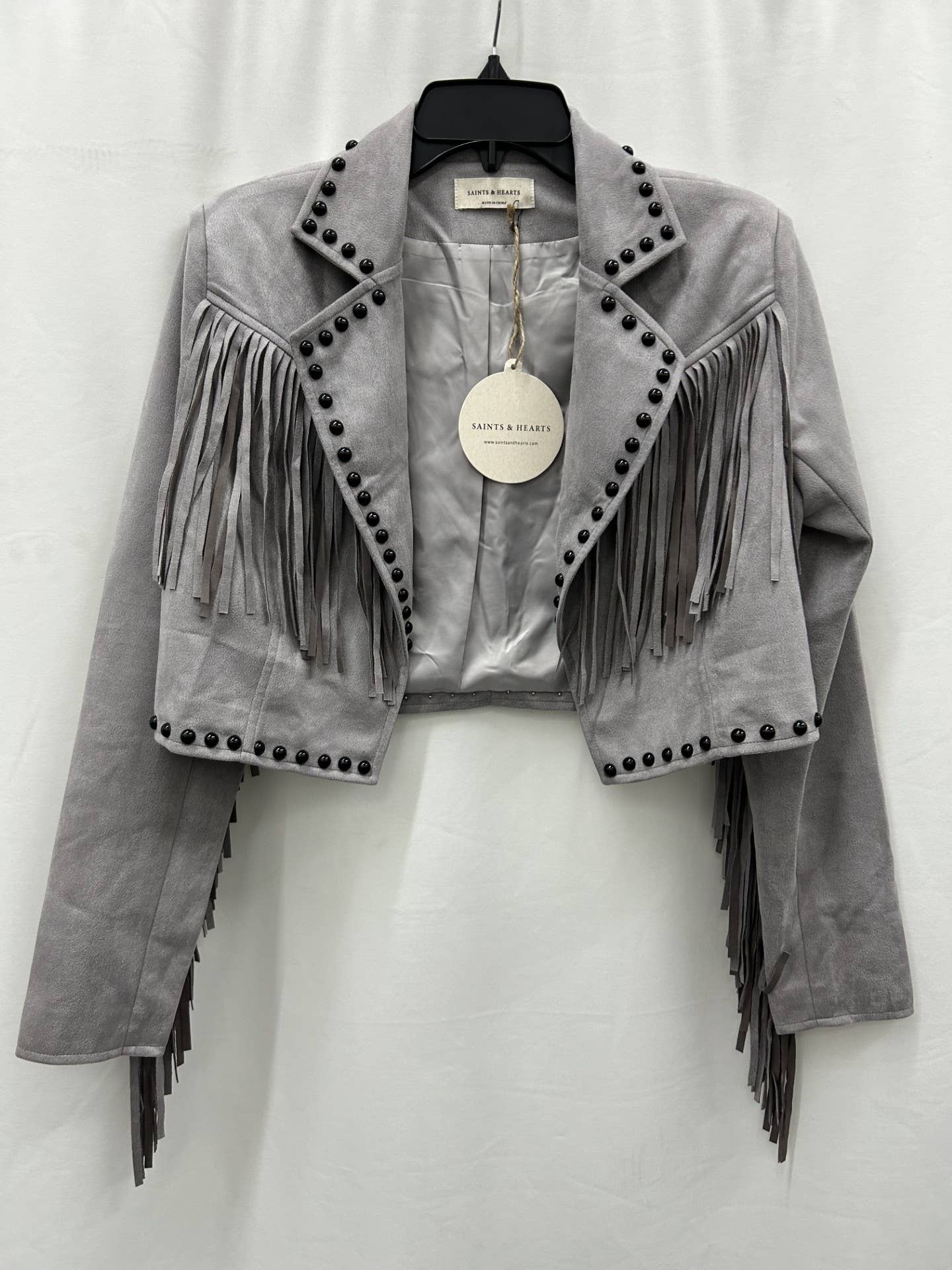 GREY SEUDE FRINGE STUDDED JACKET