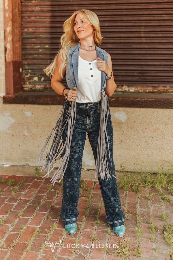 Stone Wash Grey Fringe Denim Vest