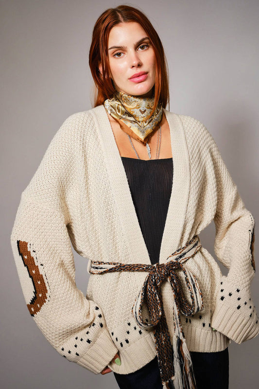 Western Horse Belted Cardigan Sweater