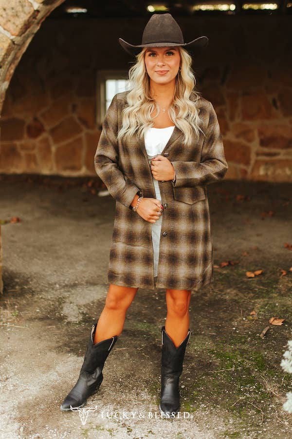 Brown Plaid Western Yoke Long Sleeve Long Blazer Jacket