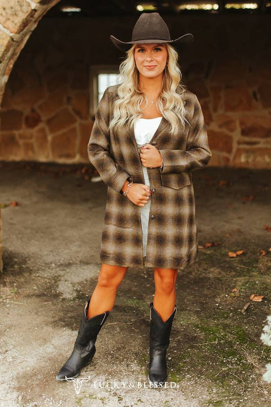 Brown Plaid Western Yoke Long Sleeve Long Blazer Jacket