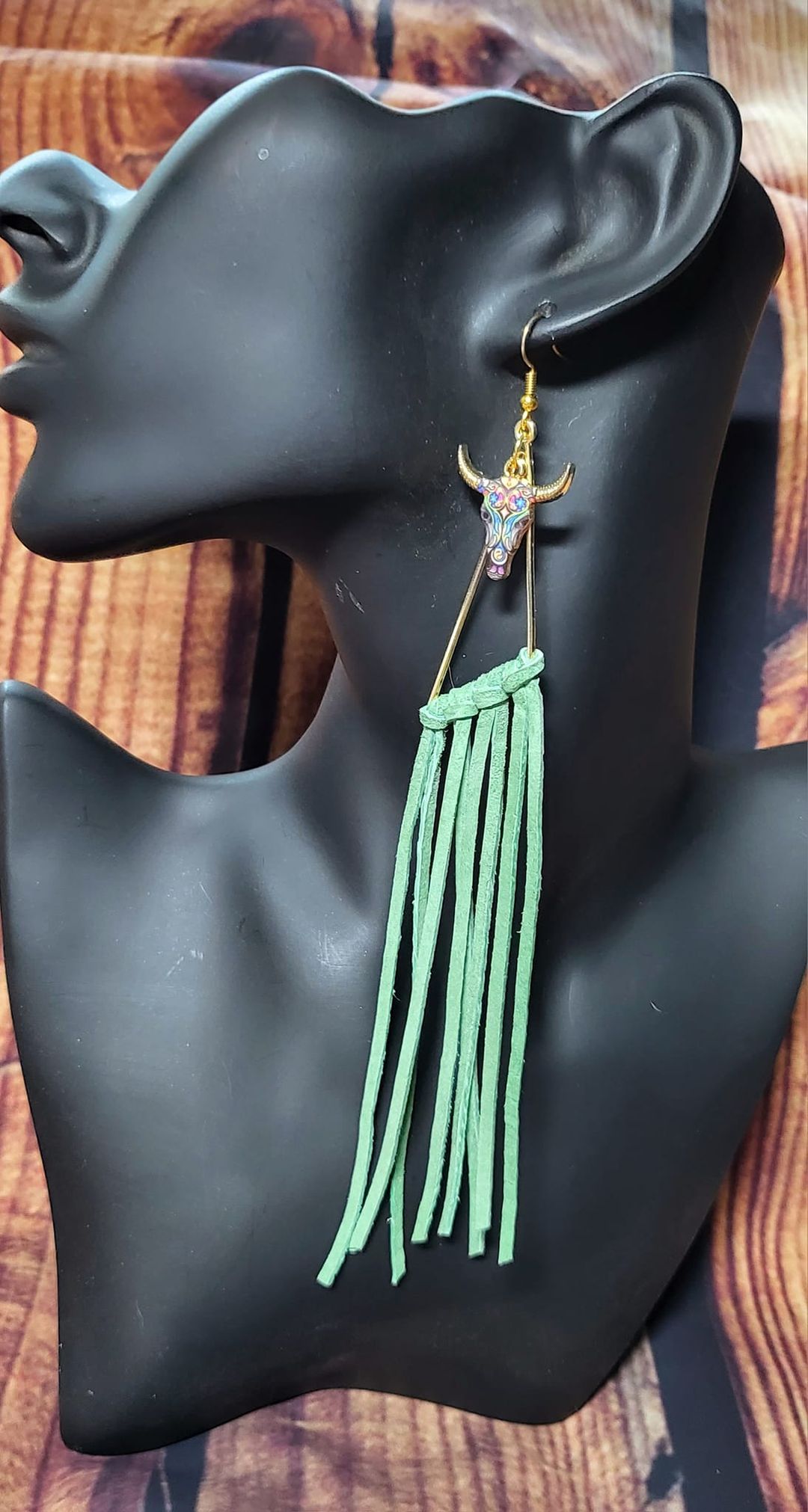 Genuine leather sage green fringe tassel on gold triangle earrings with gold bullhead