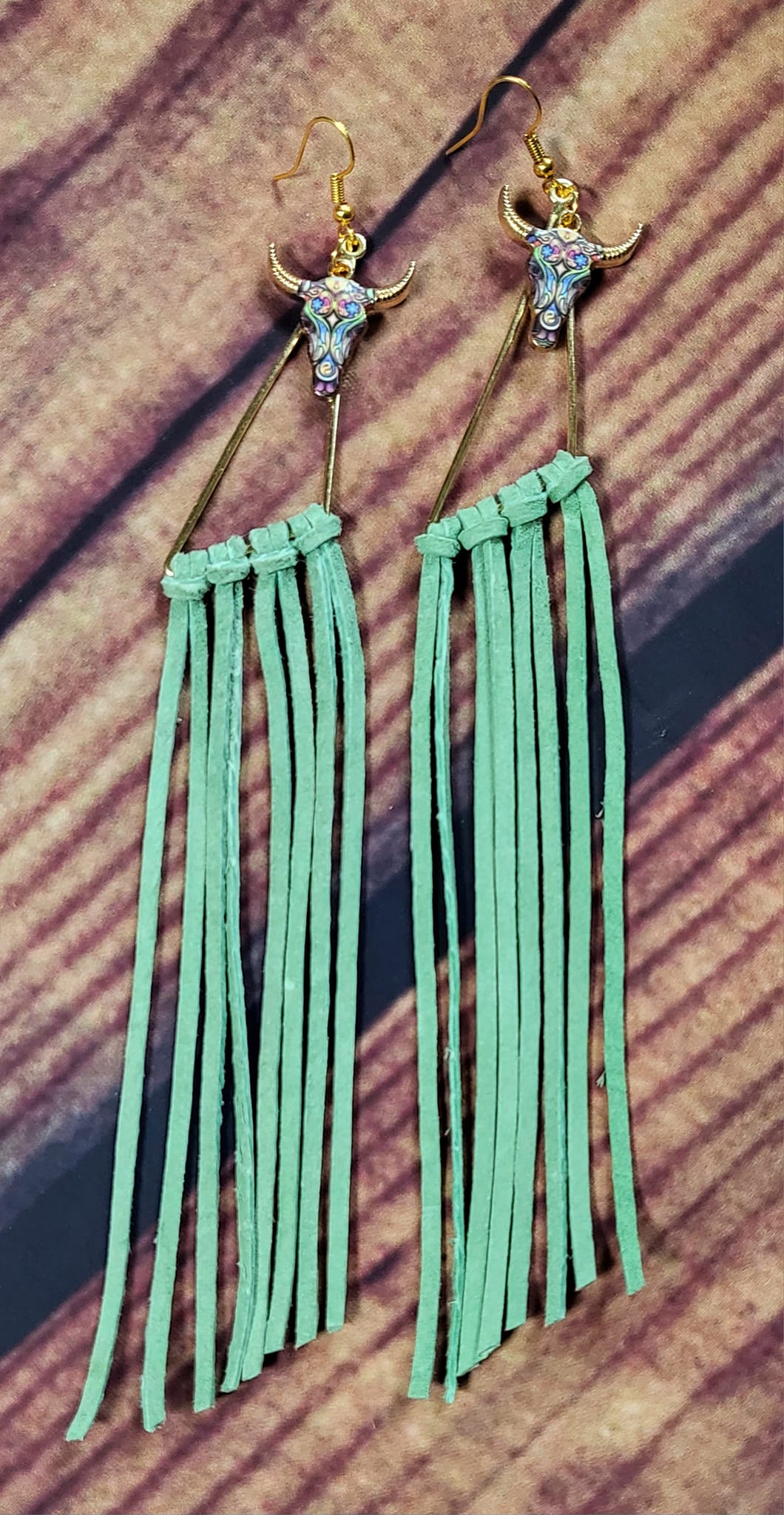 Genuine leather sage green fringe tassel on gold triangle earrings with gold bullhead