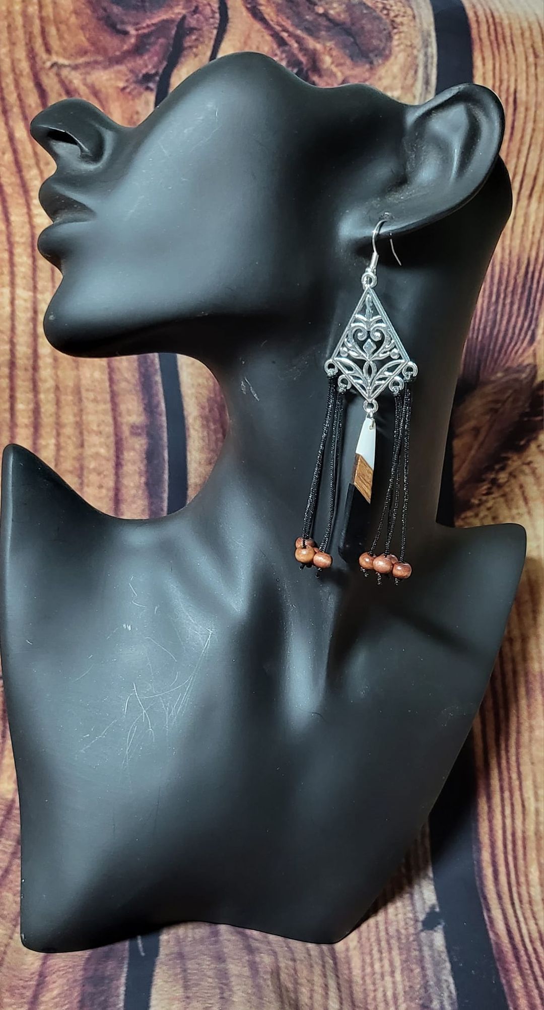 Silver filigree earrings with authentic wood beads and drop pendant