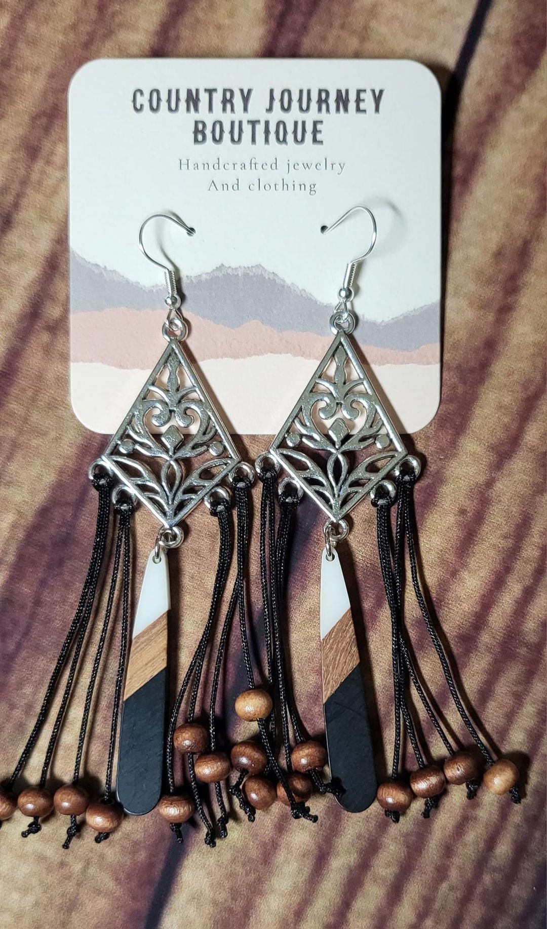 Silver filigree earrings with authentic wood beads and drop pendant