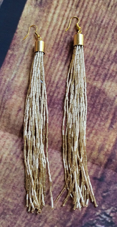 Gorgeous champagne beaded fringe tassel earrings with gold hypoallergenic earring hooks