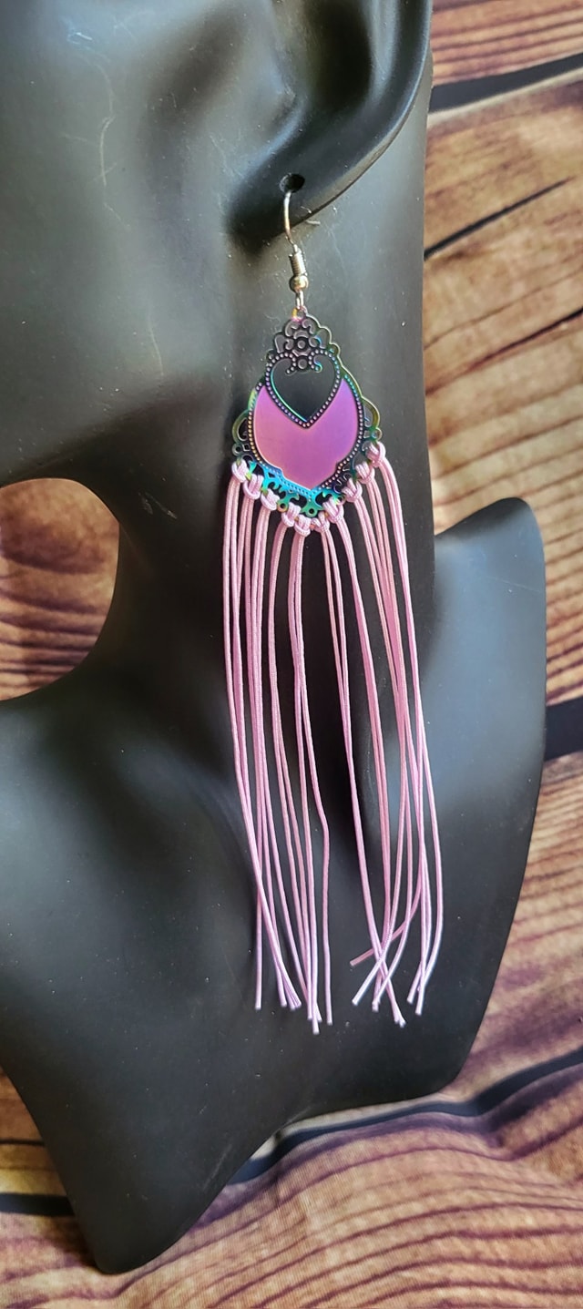 Gorgeous Pink fringe tassels on iridescent filigree earrings