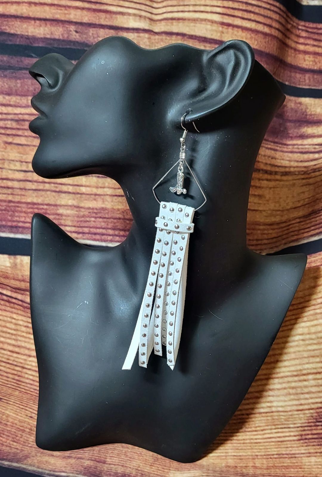 White faux leather studded fringe tassel earrings with silver cowboy boots