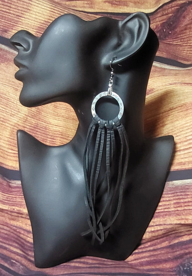 Genuine black leather fringe tassel earrings with silver hoop