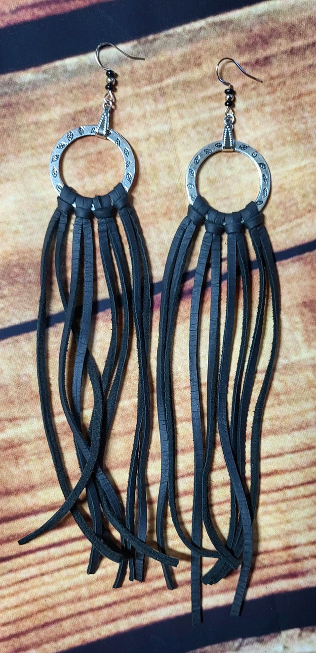 Genuine black leather fringe tassel earrings with silver hoop