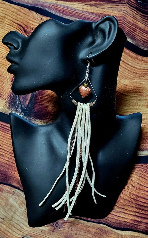 Copper heart, chain, and silver hypoallergenic hoop earrings with genuine cream leather fringe tassel