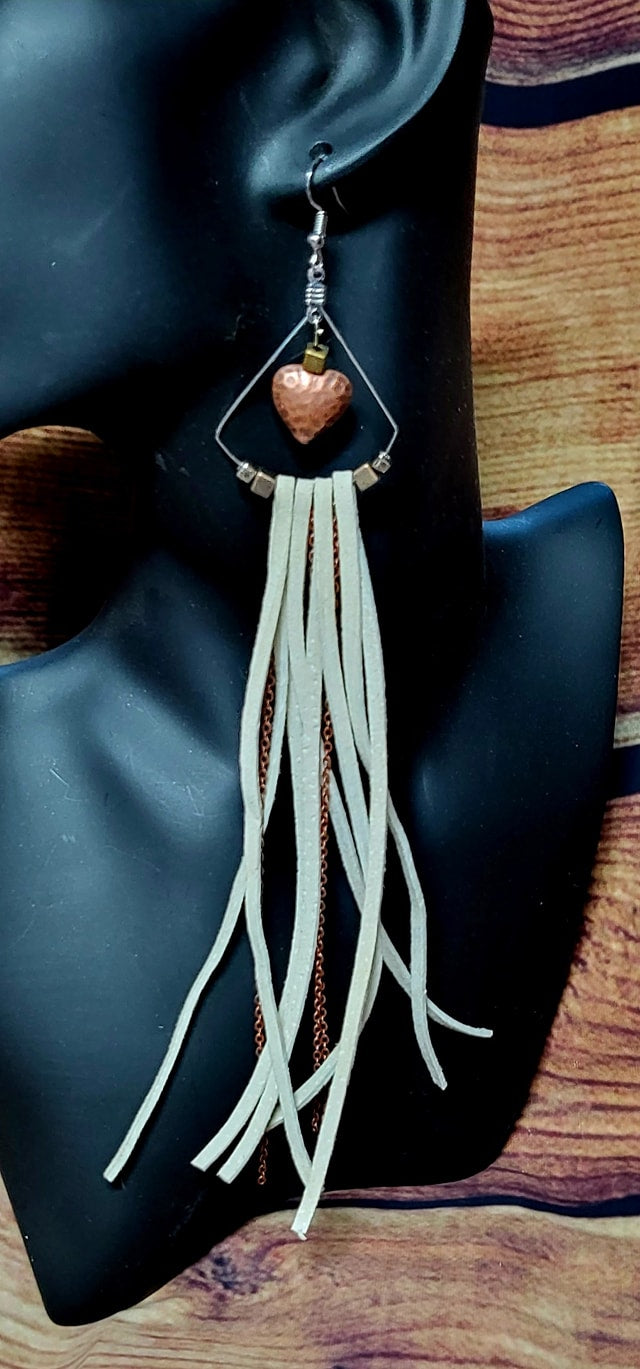 Copper heart, chain, and silver hypoallergenic hoop earrings with genuine cream leather fringe tassel