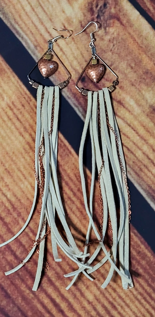 Copper heart, chain, and silver hypoallergenic hoop earrings with genuine cream leather fringe tassel