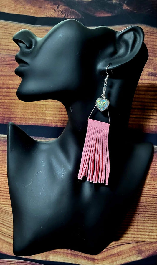 Cute pink Mermaid earrings made with faux leather fringe and a scale heart