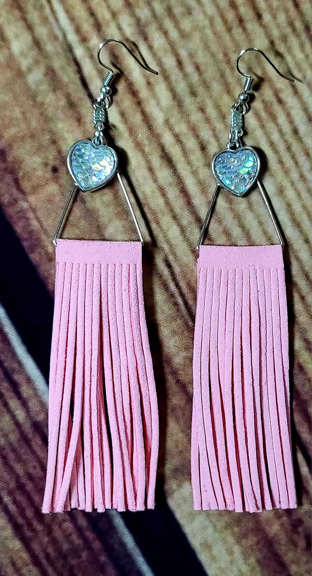 Cute pink Mermaid earrings made with faux leather fringe and a scale heart