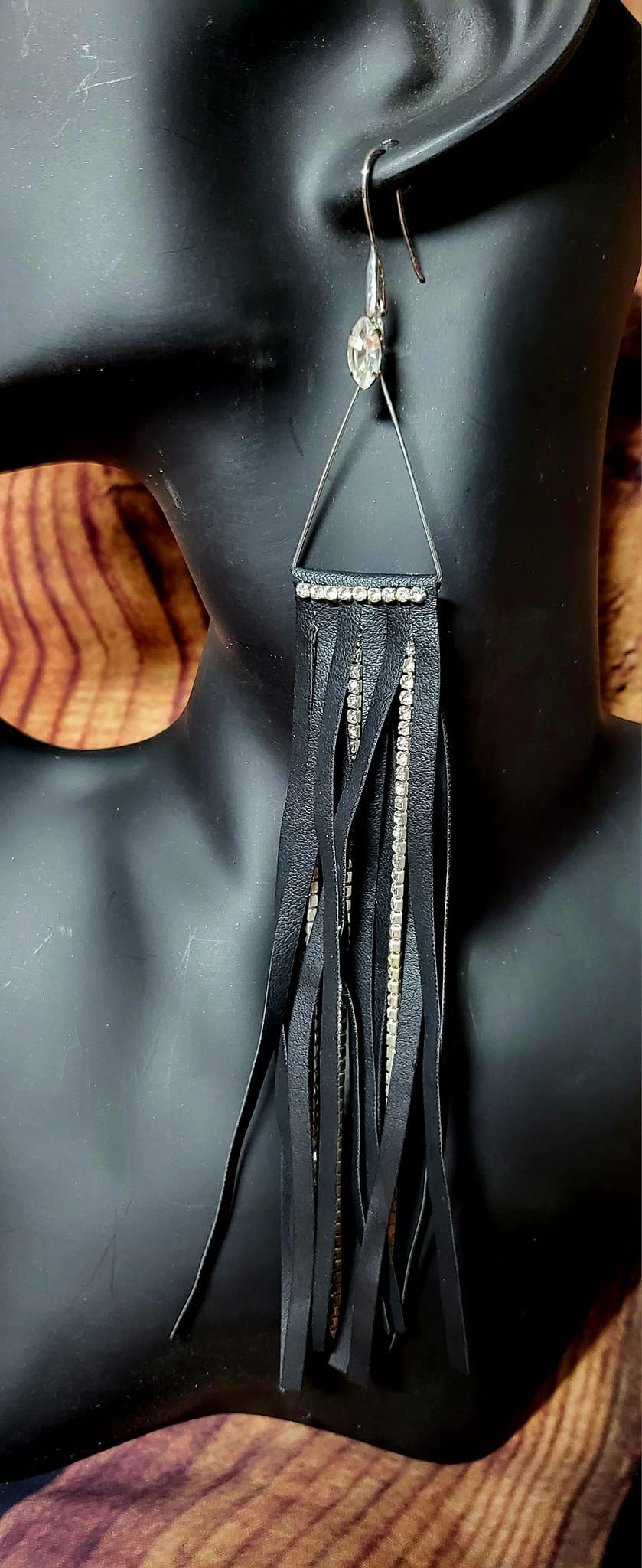 Gorgeous faux leather fringe tassel earrings accented with rhinestones