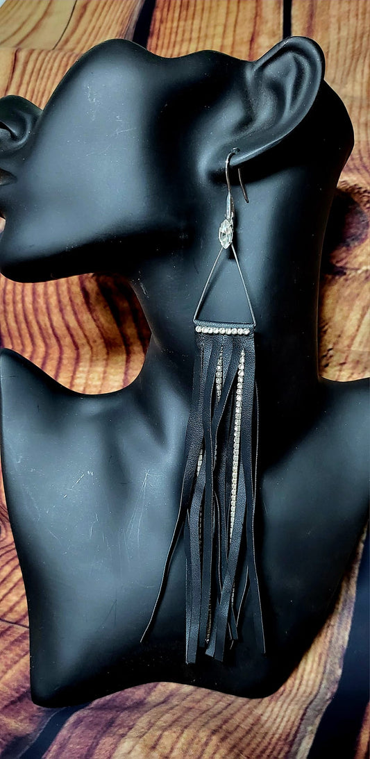 Gorgeous faux leather fringe tassel earrings accented with rhinestones