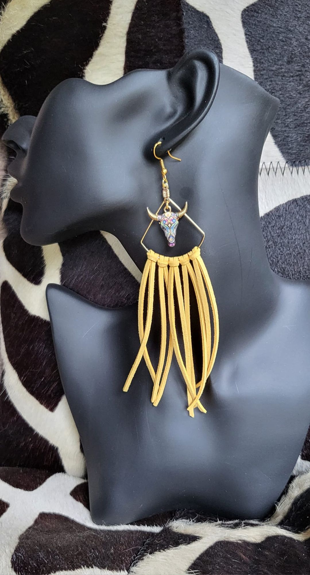 Gold bullhead Bohemian earrings with faux leather fringe tassels