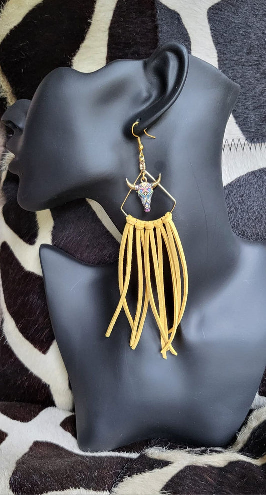 Gold bullhead Bohemian earrings with faux leather fringe tassels