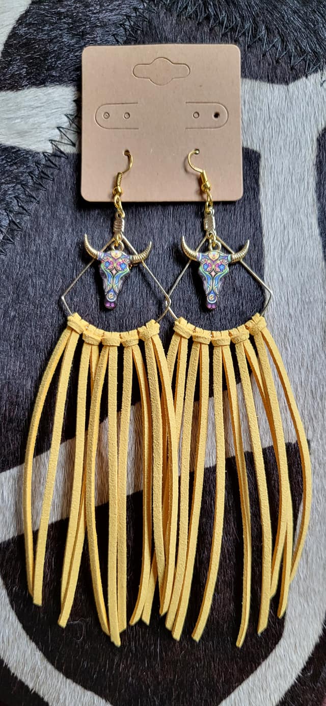 Gold bullhead Bohemian earrings with faux leather fringe tassels