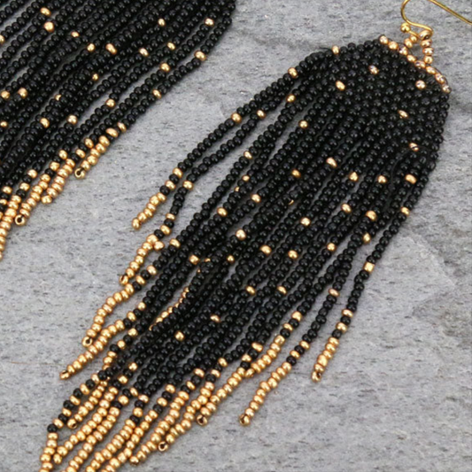 Black and Gold Long beaded boho tassel earrings