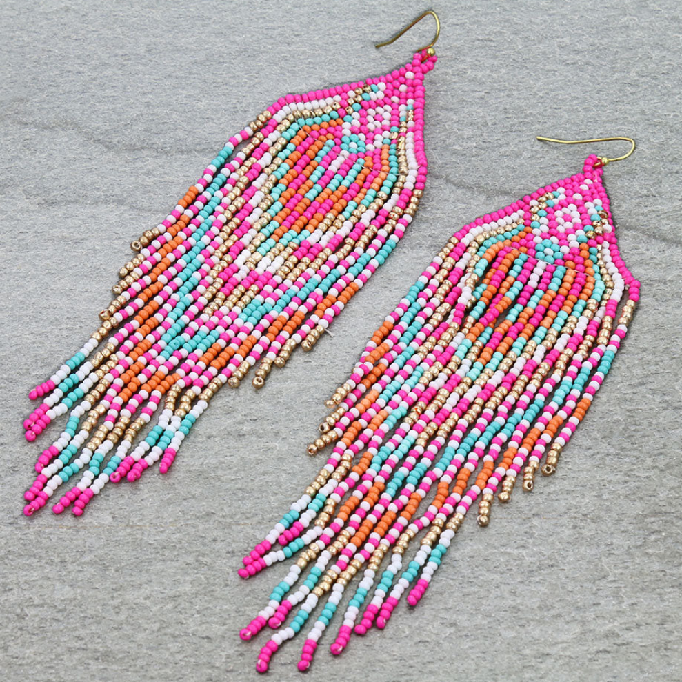 Pink Boho beaded fringe tassel earrings