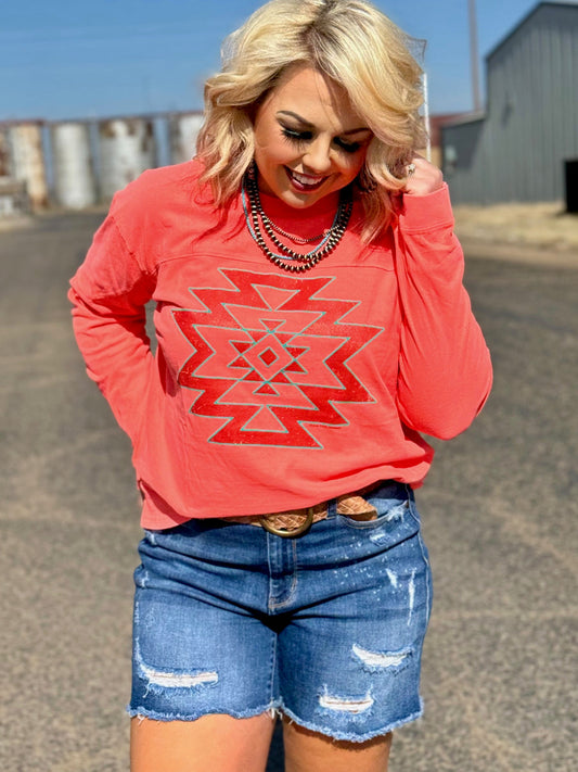 Texas True Threads
Aztec Puff on Coral Long Sleeve Top with thumb holes