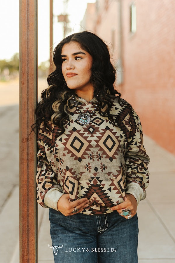 Western Brown Vintage Aztec Printed Drawstring Hoodie