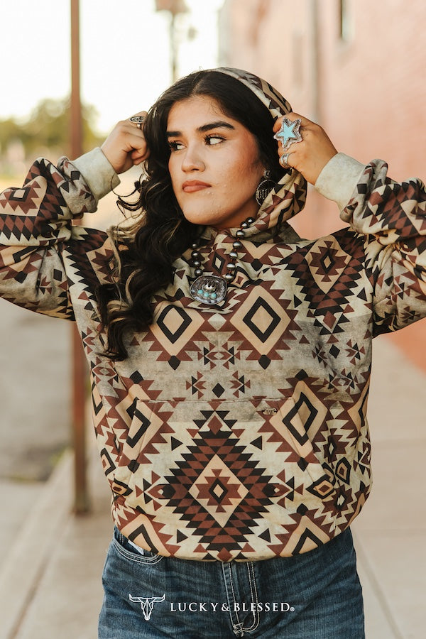 Western Brown Vintage Aztec Printed Drawstring Hoodie