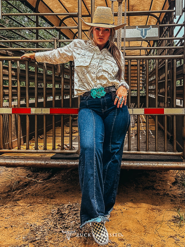 Lucky and Blessed Rodeo Rope Detail Pearl Snap Button Down Long Sleeve