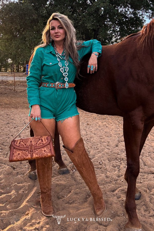 Teal Denim Stretch Button Down Long Sleeve Romper