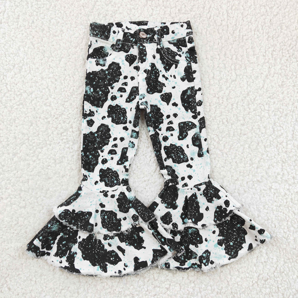 Girls cow print ruffle flare jeans