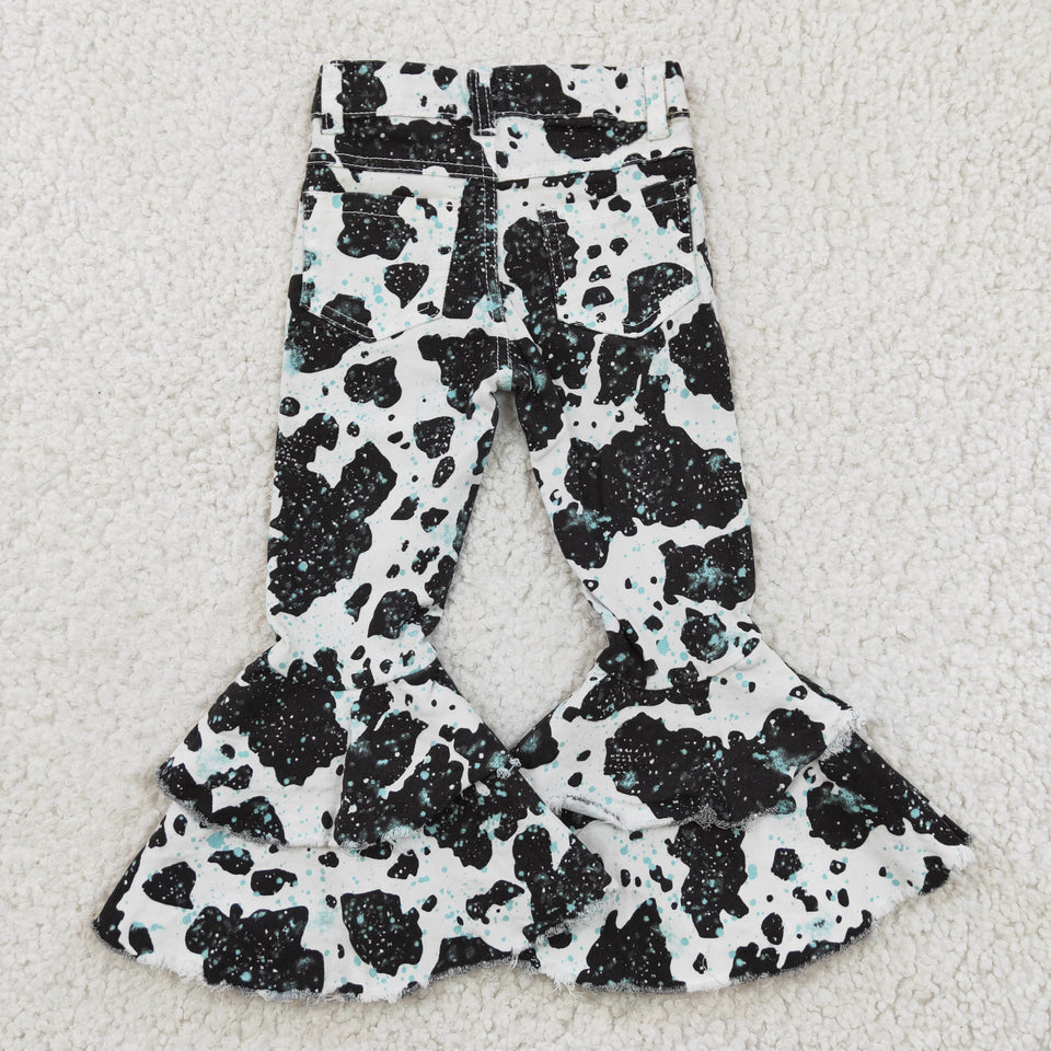 Girls cow print ruffle flare jeans