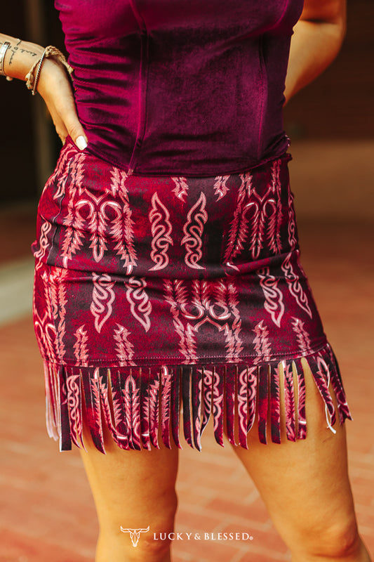 Red Boot Stitch Printed Fringe Hem Skirt