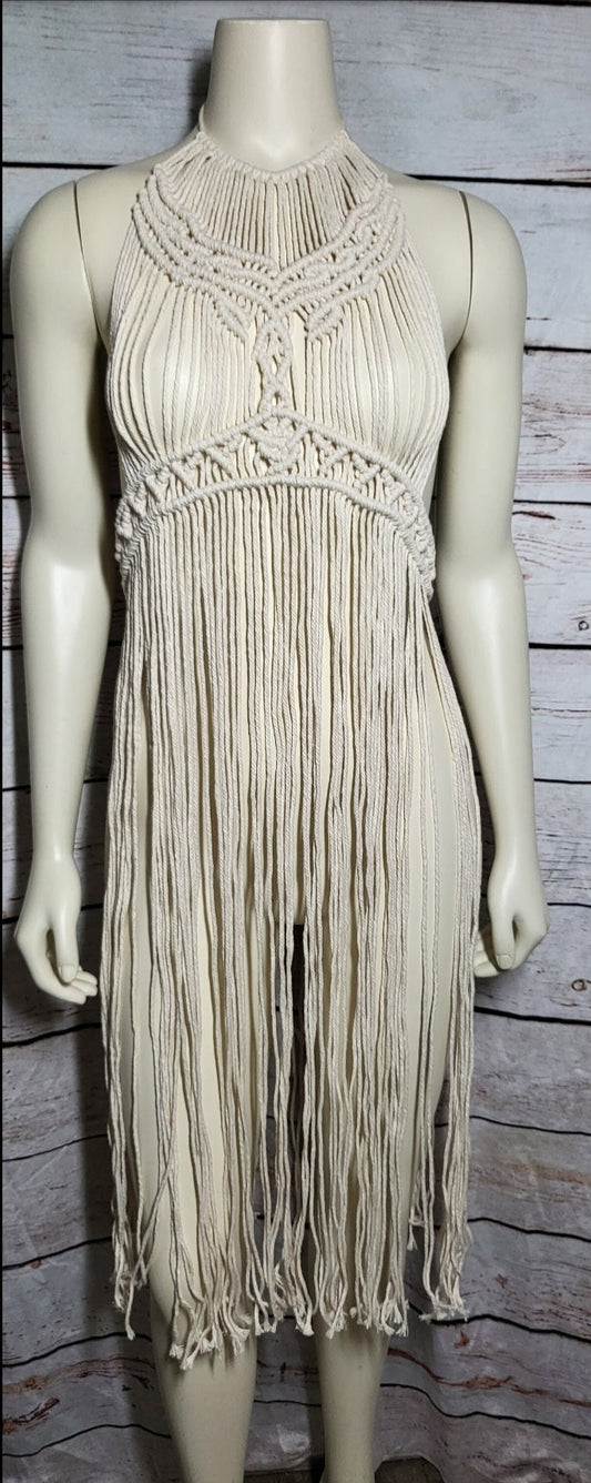 Natural white macreme beach festival dress with matching Barefoot sandals and wooden beads fully adjustable