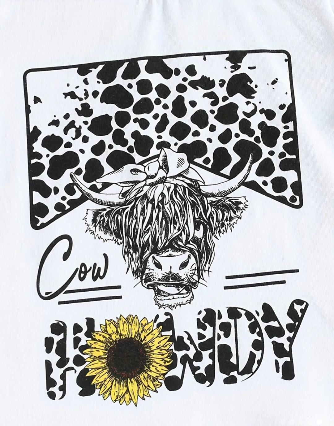 "Howdy" cow and sunflowers 3 piece little girls graphic  t-shirt, sunflower flare pants, and headband tie