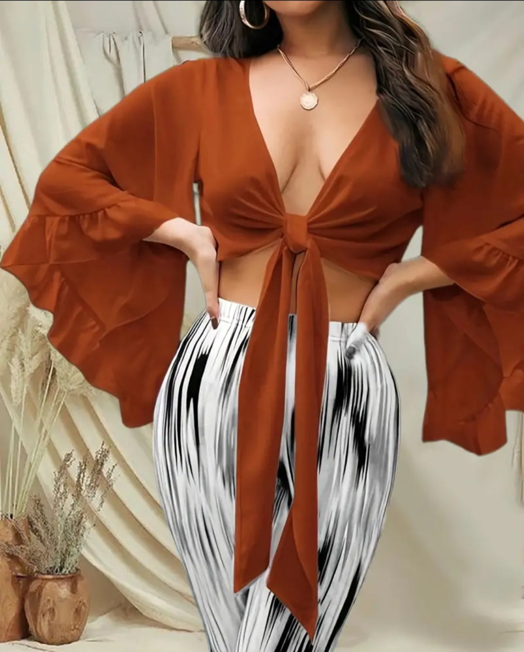 Tie front cropped top deep v neck with butterfly sleeves