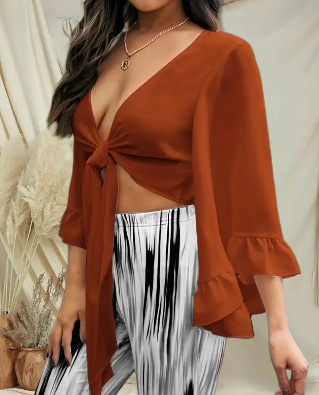 Tie front cropped top deep v neck with butterfly sleeves