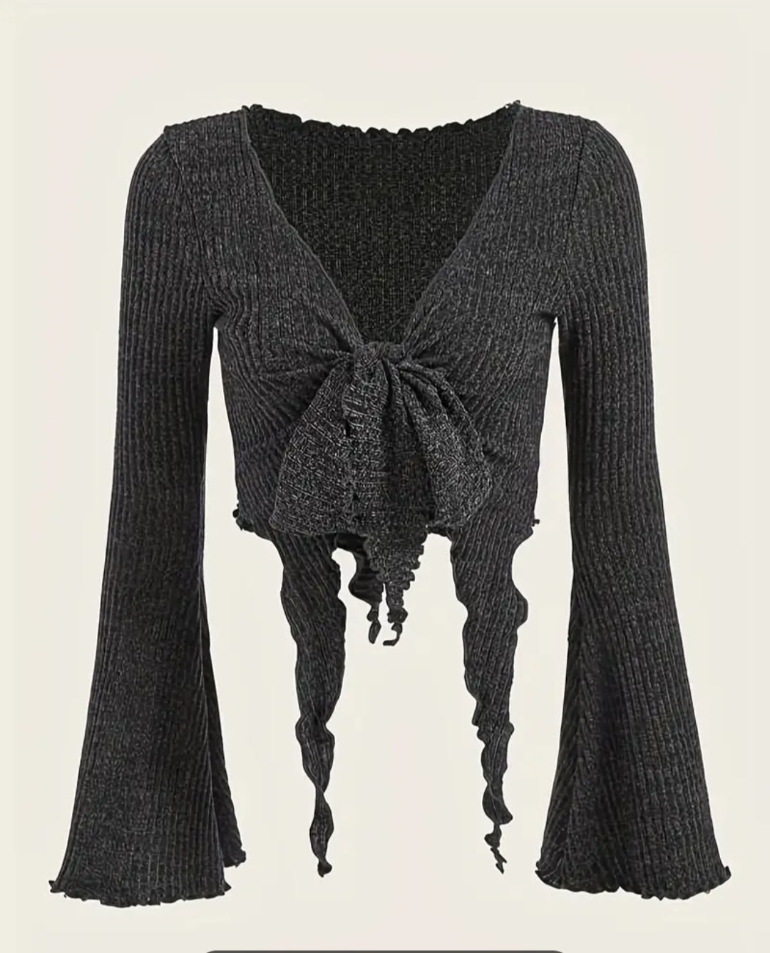 Lettuce trimmed tie front cropped sweater