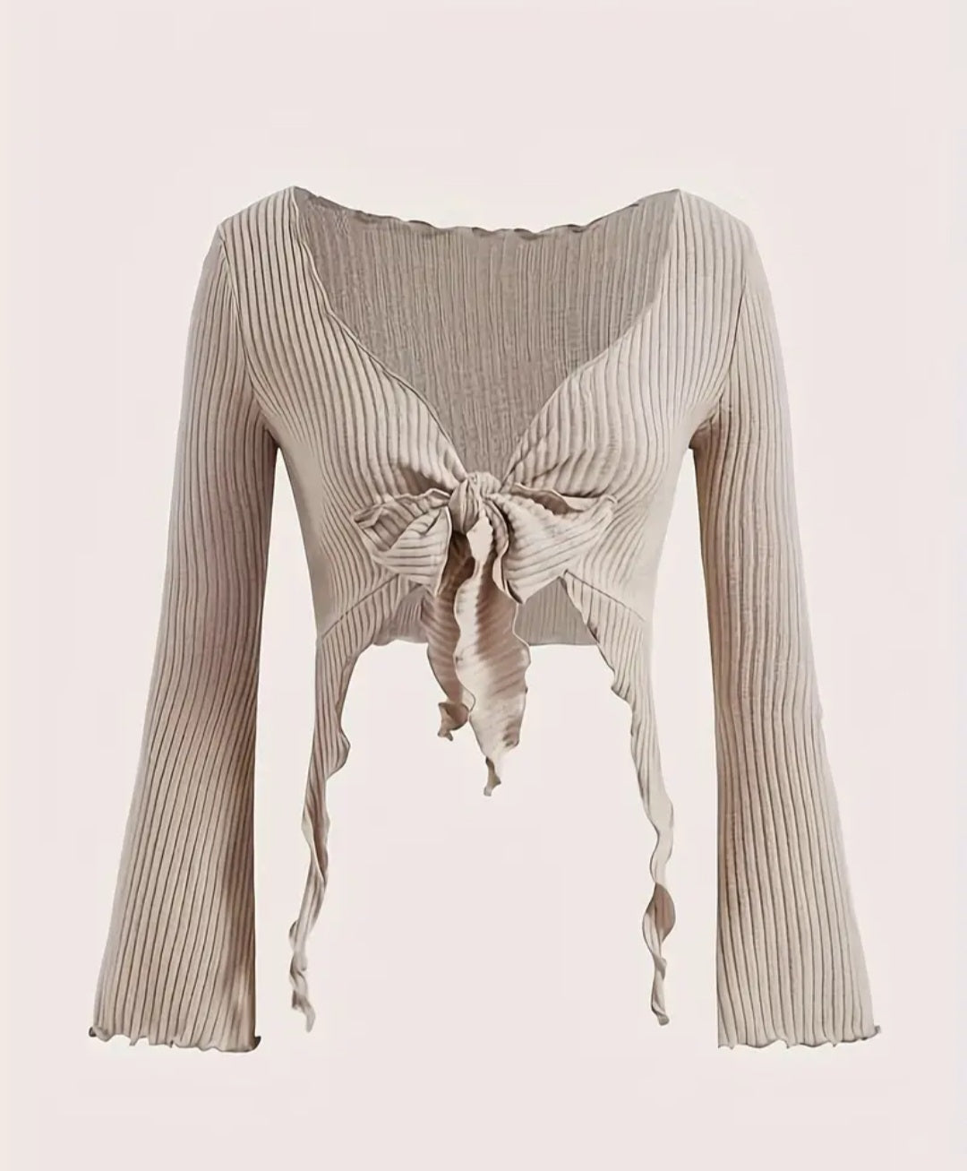 Lettuce trimmed tie front cropped sweater