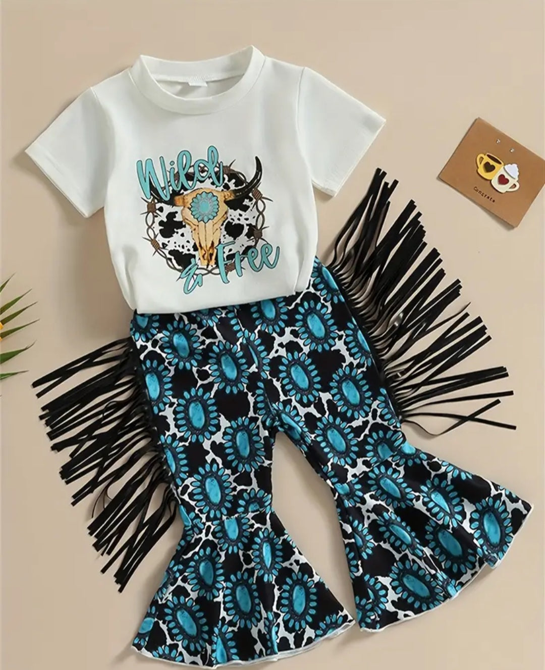 Girls "Wild and free" 2 PC western fringe flare bell stretch pants and graphic bullhead T-shirt