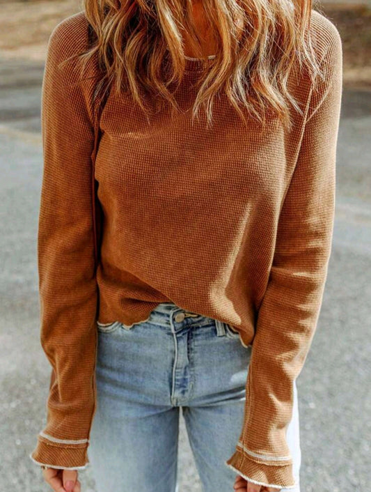 BURNT ORANGE LONG SLEEVE RAW EDGE WAFFLE TOP